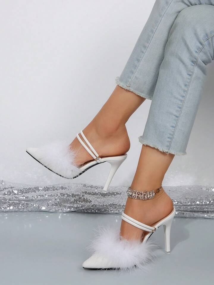 CM-SHS182622 Women Trendy Seoul Style Fluffy Point Toe Multi-Way Wear Pumps - White