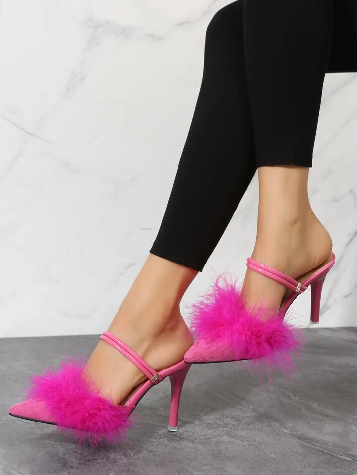 CM-SHS194983 Women Trendy Seoul Style Fluffy Point Toe Multi-Way Wear Pumps - Hot Pink