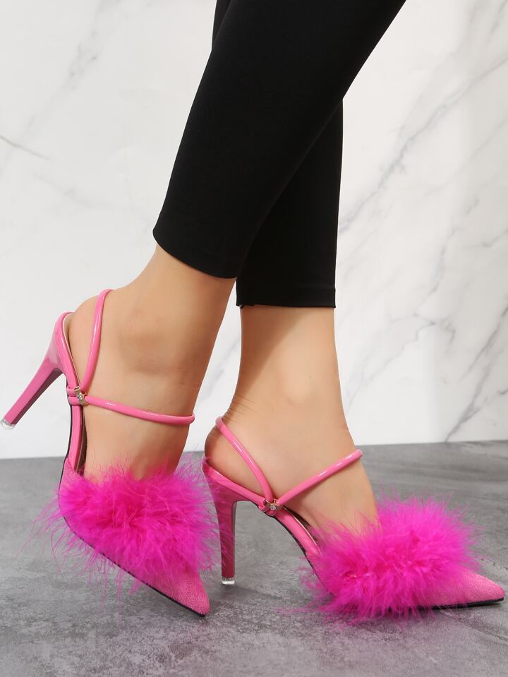 CM-SHS194983 Women Trendy Seoul Style Fluffy Point Toe Multi-Way Wear Pumps - Hot Pink