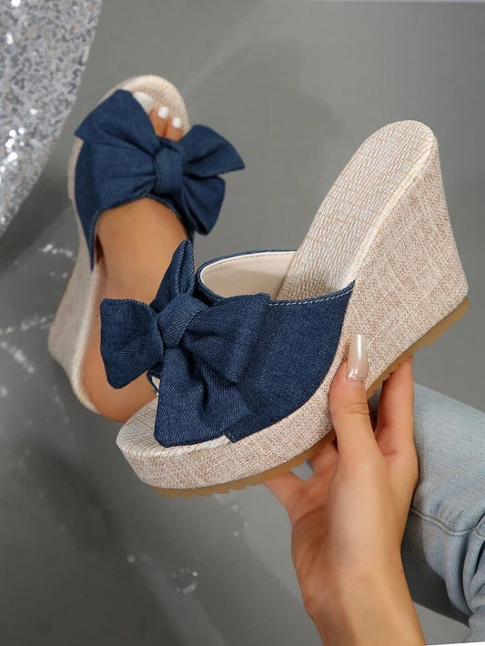 CM-SHS491091 Women Trendy Seoul Style Bow Decor Espadrille Wedge Slide Sandals