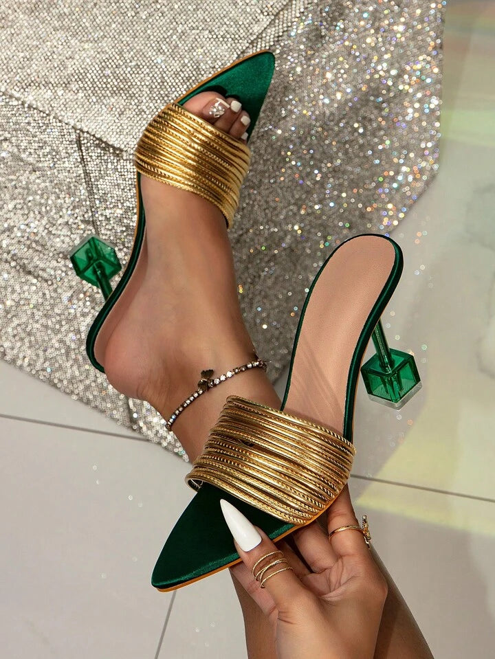 CM-SHS979837 Women Trendy Seoul Style Ruched Pyramid Heeled Sandals - Green