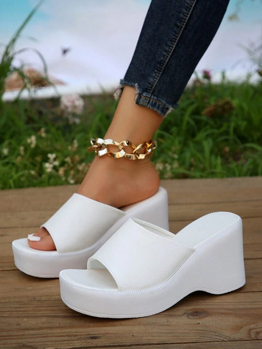 CM-SHS918057 Women Trendy Seoul Style Single Band Wedge Slide Sandals - White