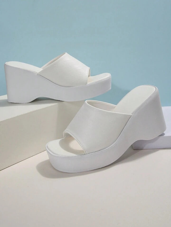 CM-SHS918057 Women Trendy Seoul Style Single Band Wedge Slide Sandals - White