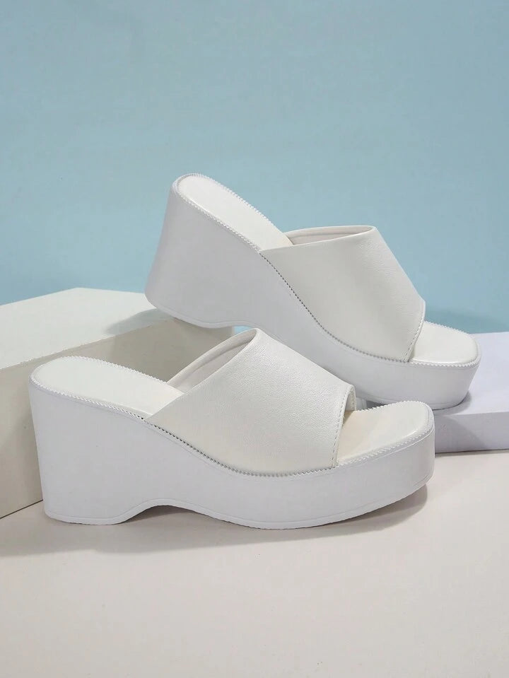 CM-SHS918057 Women Trendy Seoul Style Single Band Wedge Slide Sandals - White