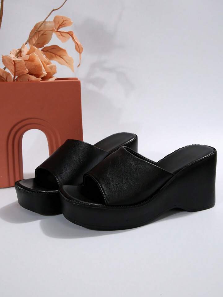 CM-SHS916611 Women Trendy Seoul Style Single Band Wedge Slide Sandals - Black