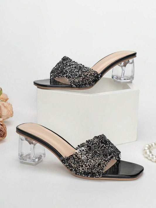 CM-SHS923898 Women Trendy Seoul Style Rhinestone Decor Sculptural Glass Mule Sandals