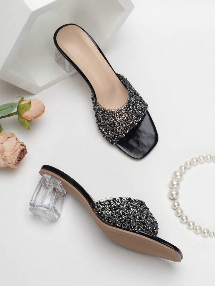 CM-SHS923898 Women Trendy Seoul Style Rhinestone Decor Sculptural Glass Mule Sandals