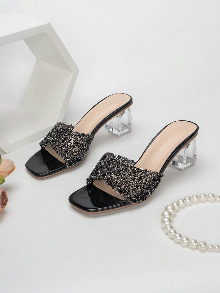 CM-SHS923898 Women Trendy Seoul Style Rhinestone Decor Sculptural Glass Mule Sandals