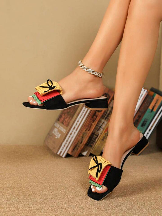 CM-SHS209999 Women Trendy Seoul Style Colorblock Bow And Fringe Decor Flat Sandals