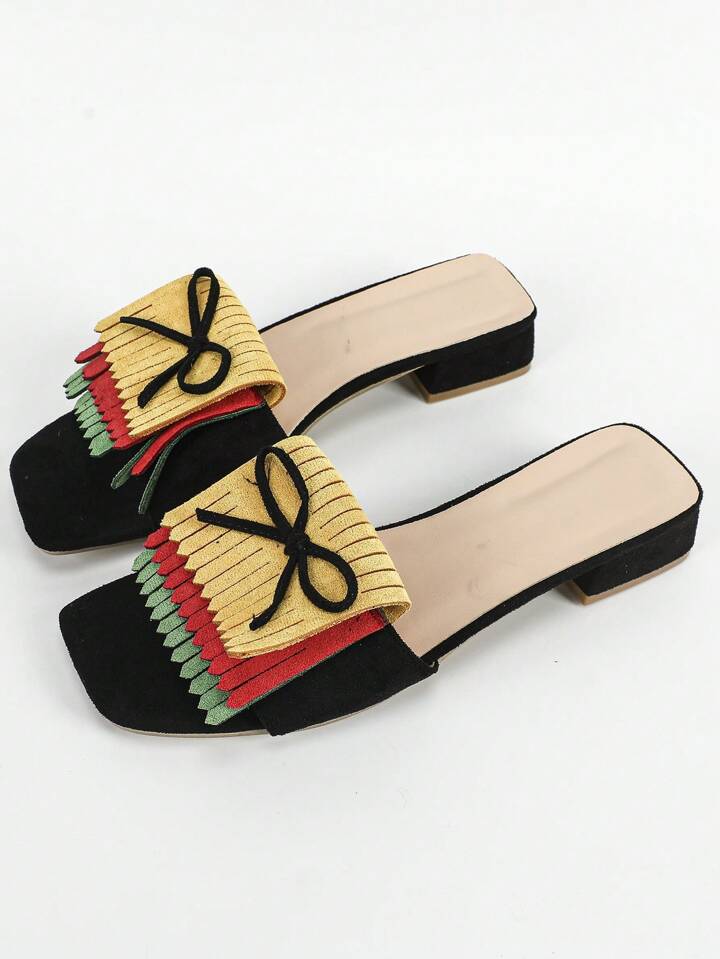 CM-SHS209999 Women Trendy Seoul Style Colorblock Bow And Fringe Decor Flat Sandals