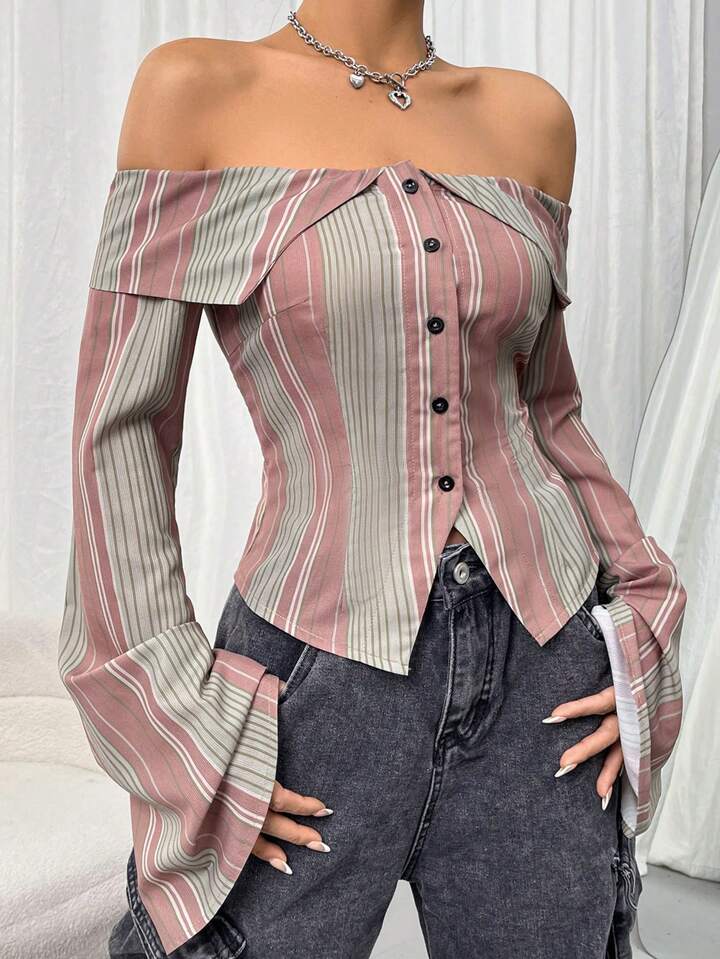 CM-TS478686 Women Casual Seoul Style One Shoulder Stripe Textured Shirt