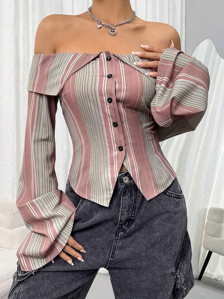 CM-TS478686 Women Casual Seoul Style One Shoulder Stripe Textured Shirt