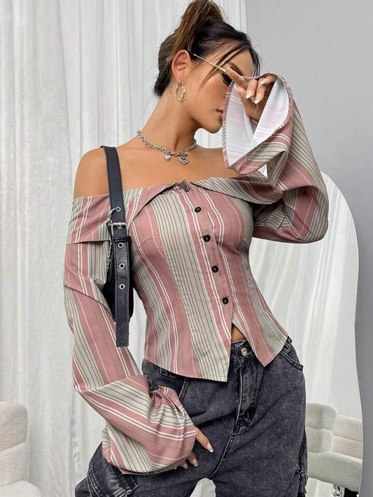 CM-TS478686 Women Casual Seoul Style One Shoulder Stripe Textured Shirt