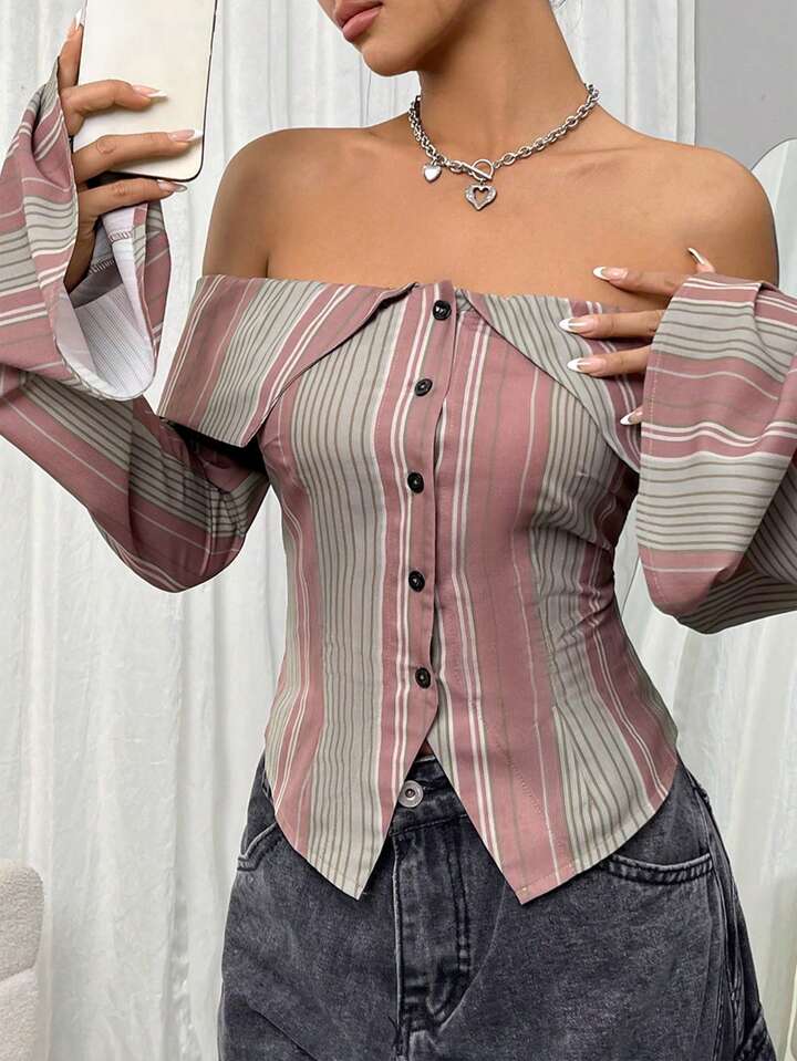 CM-TS478686 Women Casual Seoul Style One Shoulder Stripe Textured Shirt