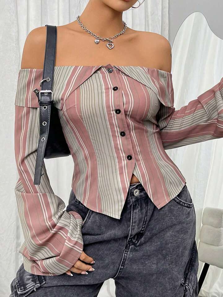 CM-TS478686 Women Casual Seoul Style One Shoulder Stripe Textured Shirt