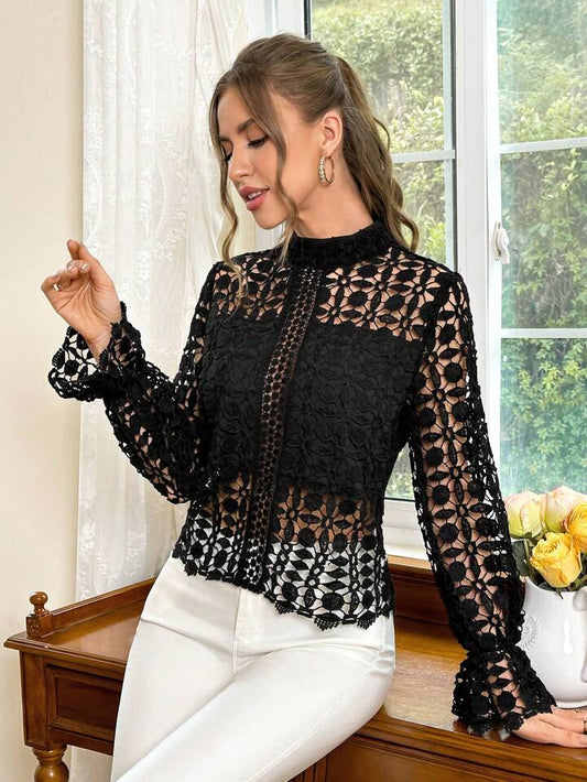 CM-TS043638 Women Elegant Seoul Style Hollow Out Stand Collar Lace Long Sleeve Shirt