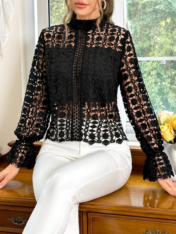 CM-TS043638 Women Elegant Seoul Style Hollow Out Stand Collar Lace Long Sleeve Shirt