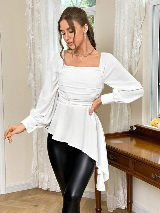 CM-TS559552 Women Elegant Seoul Style Square Neck Irregular Hem Ruffle Trim Blouse
