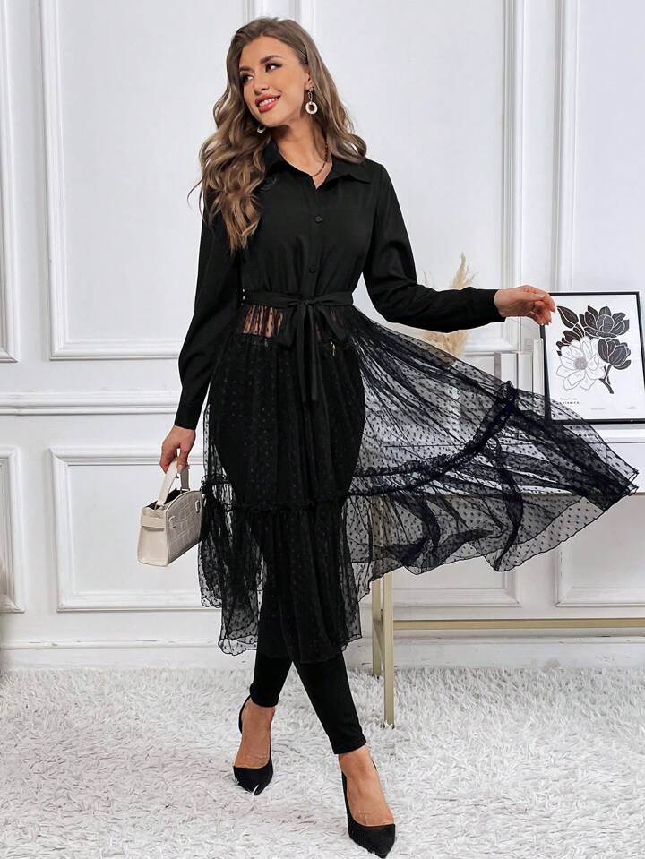 CM-TS391088 Women Elegant Seoul Style Polka Dot Mesh Perspective Long Puff Sleeve Shirt