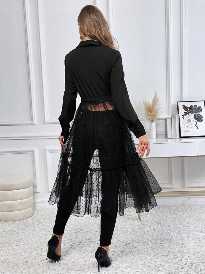 CM-TS391088 Women Elegant Seoul Style Polka Dot Mesh Perspective Long Puff Sleeve Shirt