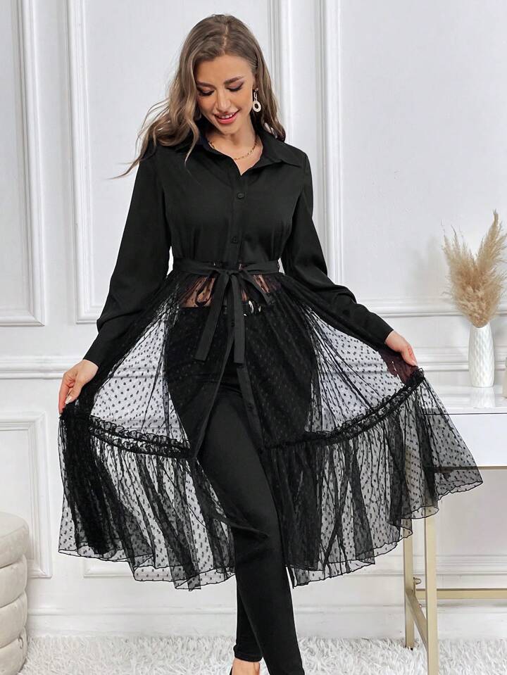 CM-TS391088 Women Elegant Seoul Style Polka Dot Mesh Perspective Long Puff Sleeve Shirt