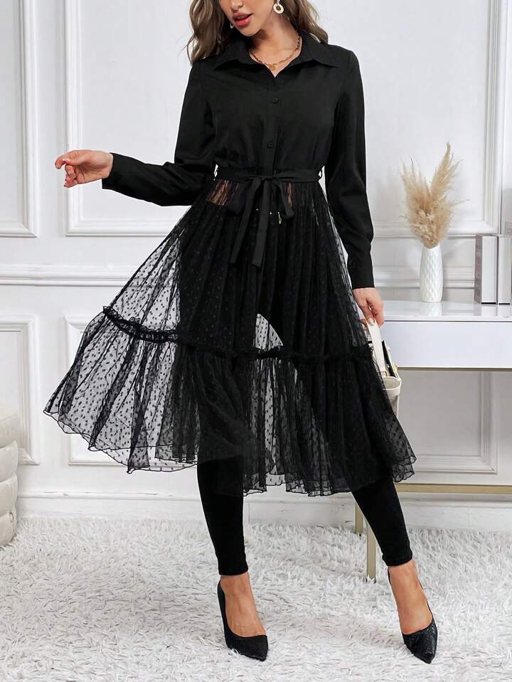 CM-TS391088 Women Elegant Seoul Style Polka Dot Mesh Perspective Long Puff Sleeve Shirt