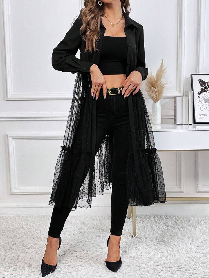 CM-TS391088 Women Elegant Seoul Style Polka Dot Mesh Perspective Long Puff Sleeve Shirt