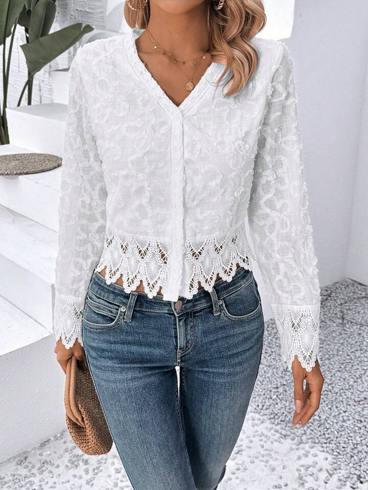 CM-TS997170 Women Elegant Seoul Style V-Neck Long Sleeve Lace Shirt - White