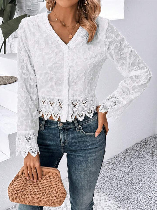 CM-TS997170 Women Elegant Seoul Style V-Neck Long Sleeve Lace Shirt - White