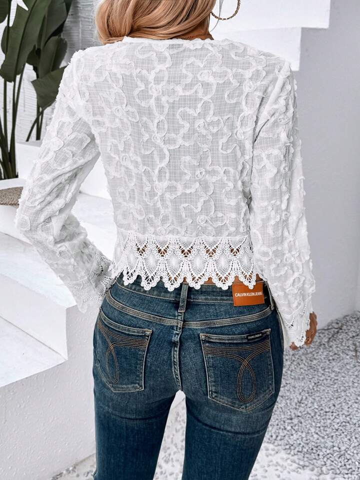 CM-TS997170 Women Elegant Seoul Style V-Neck Long Sleeve Lace Shirt - White