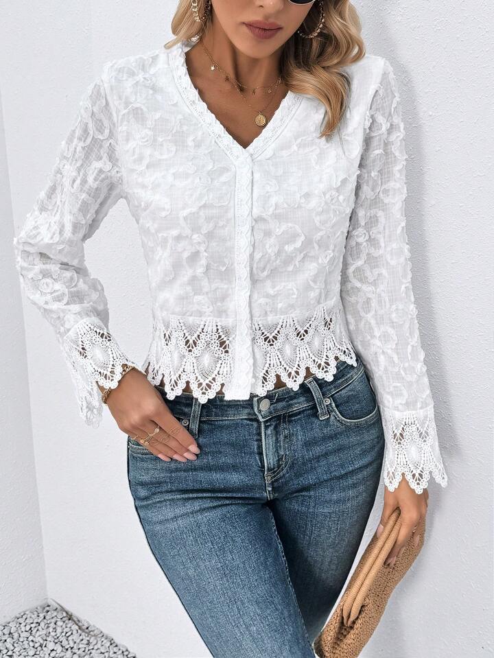 CM-TS997170 Women Elegant Seoul Style V-Neck Long Sleeve Lace Shirt - White