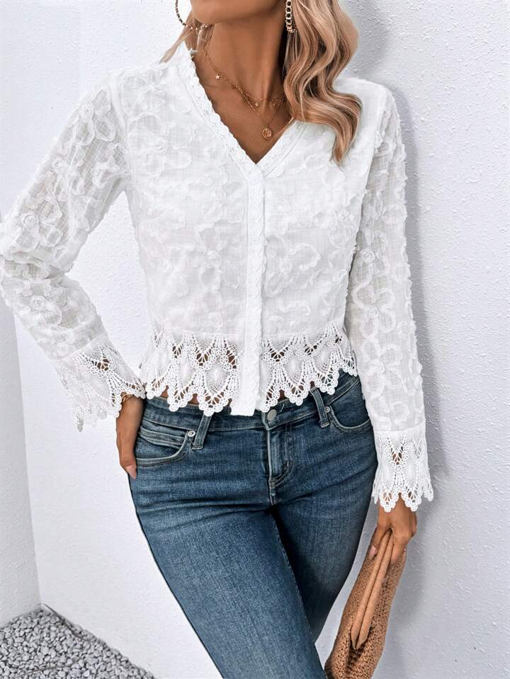 CM-TS997170 Women Elegant Seoul Style V-Neck Long Sleeve Lace Shirt - White