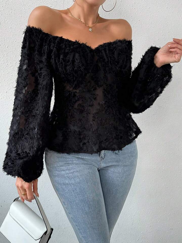 CM-TS764966 Women Casual Seoul Style Sweetheart Neckline Lantern Sleeve Shirt - Black