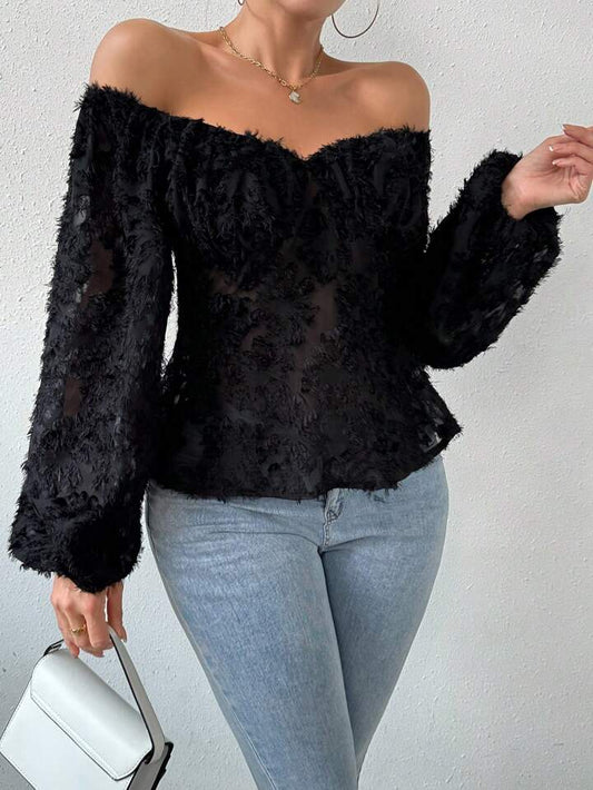 CM-TS764966 Women Casual Seoul Style Sweetheart Neckline Lantern Sleeve Shirt - Black