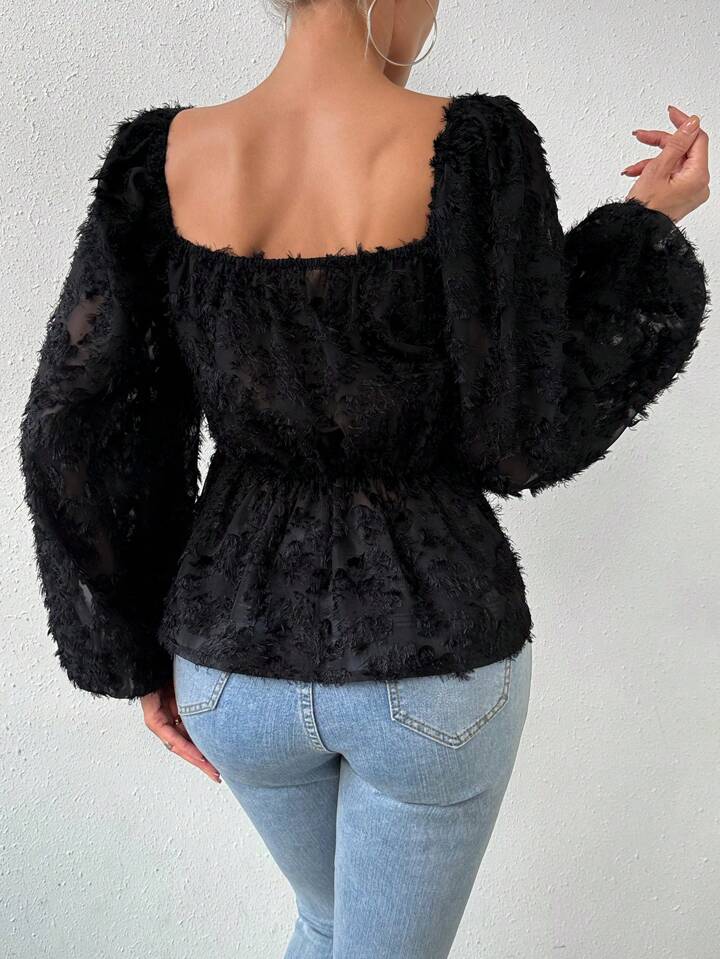 CM-TS764966 Women Casual Seoul Style Sweetheart Neckline Lantern Sleeve Shirt - Black