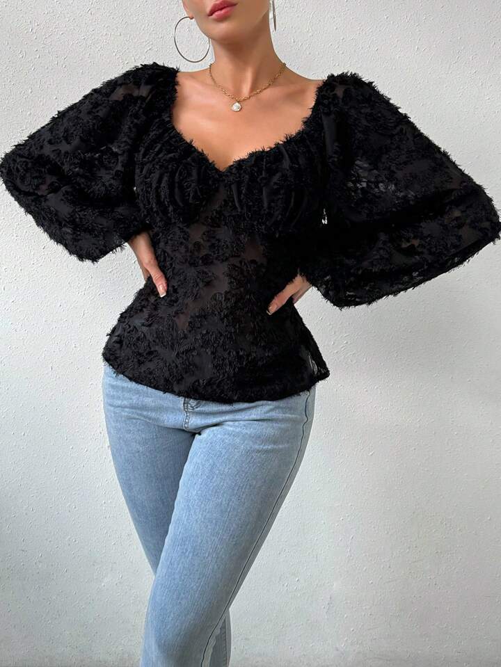CM-TS764966 Women Casual Seoul Style Sweetheart Neckline Lantern Sleeve Shirt - Black