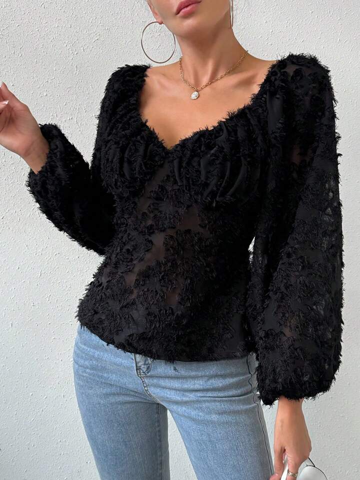 CM-TS764966 Women Casual Seoul Style Sweetheart Neckline Lantern Sleeve Shirt - Black