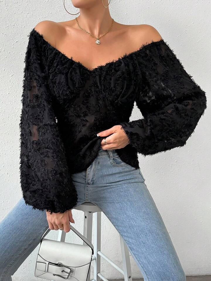 CM-TS764966 Women Casual Seoul Style Sweetheart Neckline Lantern Sleeve Shirt - Black