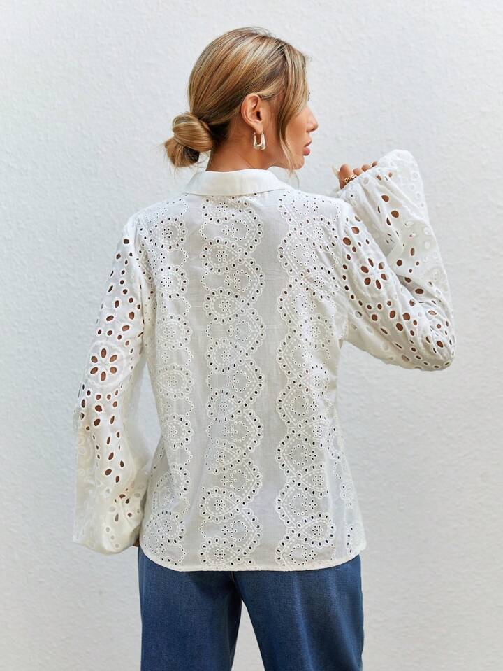 CM-TS327844 Women Elegant Seoul Style Embroidered Collar Neckline Lantern Sleeve Shirt