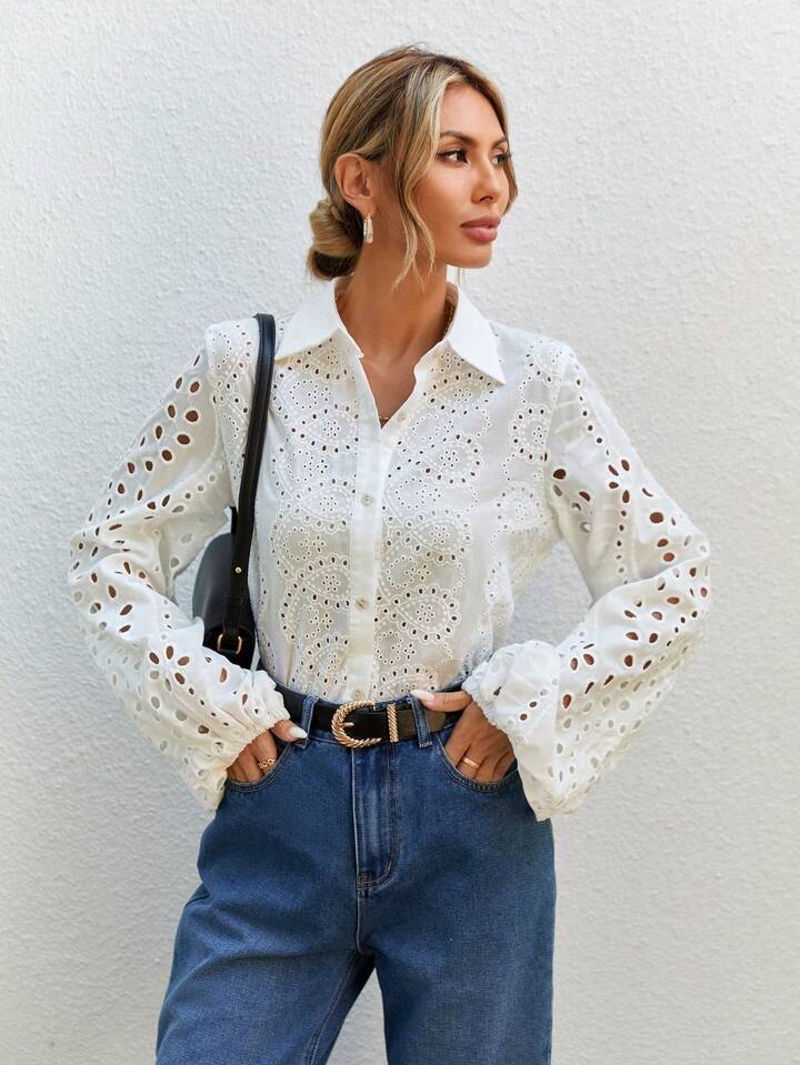 CM-TS327844 Women Elegant Seoul Style Embroidered Collar Neckline Lantern Sleeve Shirt