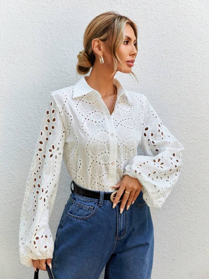 CM-TS327844 Women Elegant Seoul Style Embroidered Collar Neckline Lantern Sleeve Shirt