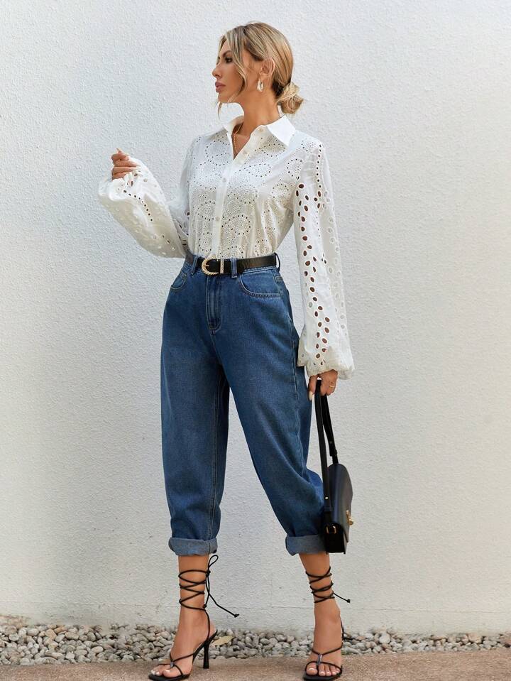 CM-TS327844 Women Elegant Seoul Style Embroidered Collar Neckline Lantern Sleeve Shirt