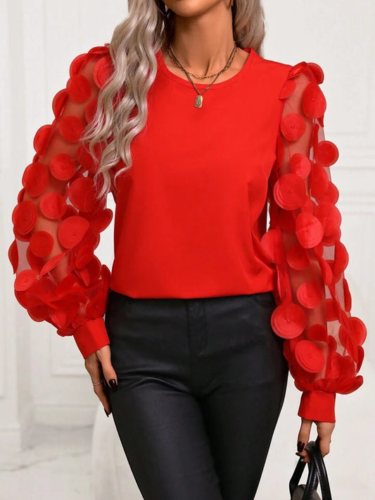 CM-TS004461 Women Elegant Seoul Style Mesh Patchwork Long Sleeve Shirt - Red
