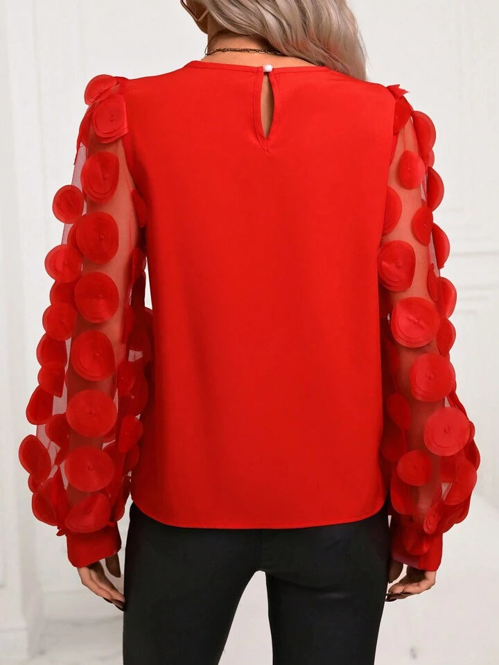 CM-TS004461 Women Elegant Seoul Style Mesh Patchwork Long Sleeve Shirt - Red