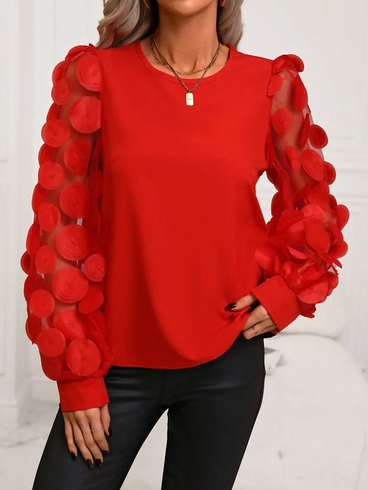 CM-TS004461 Women Elegant Seoul Style Mesh Patchwork Long Sleeve Shirt - Red