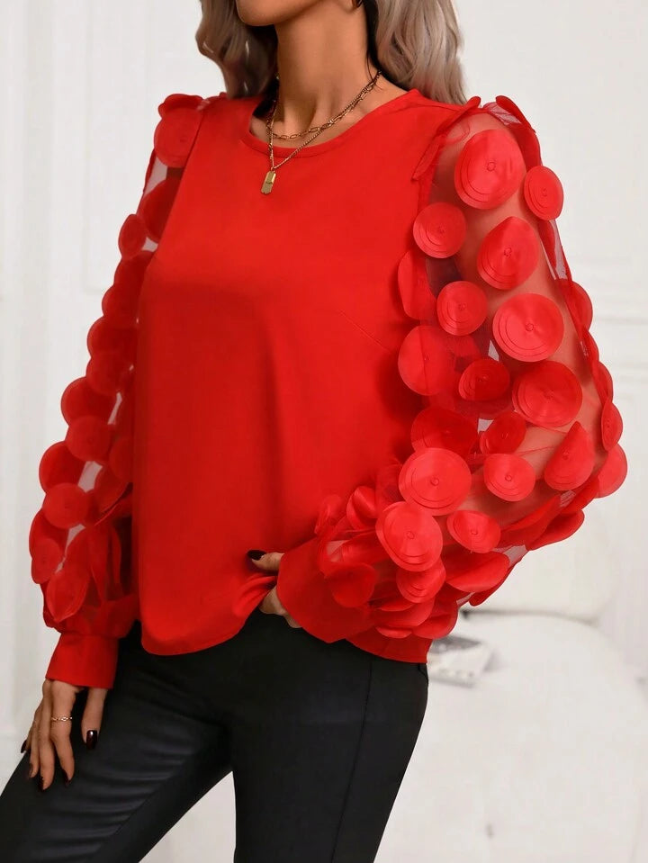 CM-TS004461 Women Elegant Seoul Style Mesh Patchwork Long Sleeve Shirt - Red