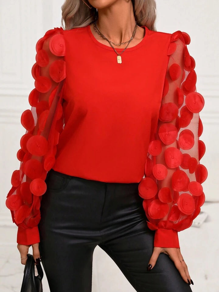CM-TS004461 Women Elegant Seoul Style Mesh Patchwork Long Sleeve Shirt - Red