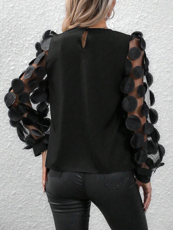 CM-TS817565 Women Elegant Seoul Style Mesh Patchwork Long Sleeve Shirt - Black