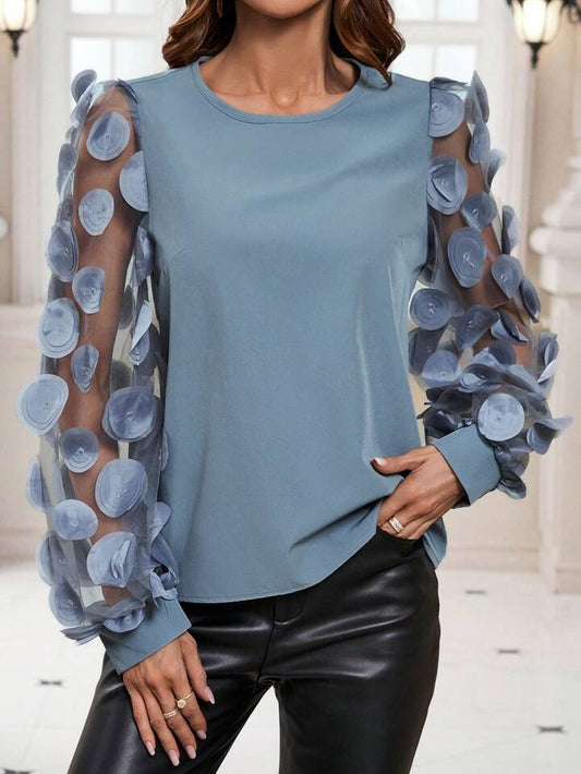 CM-TS987836 Women Elegant Seoul Style Mesh Patchwork Long Sleeve Shirt - Gray