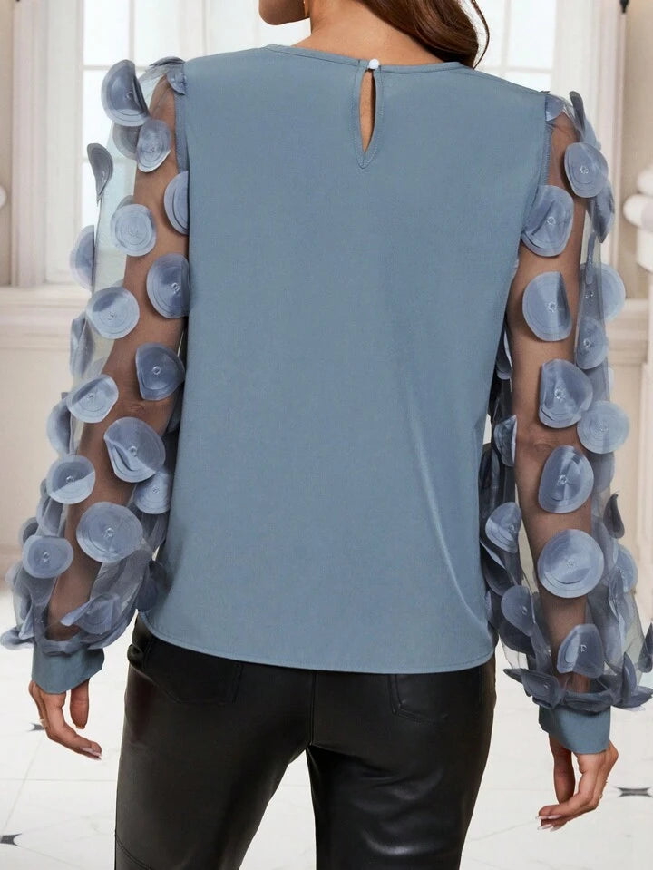 CM-TS987836 Women Elegant Seoul Style Mesh Patchwork Long Sleeve Shirt - Gray